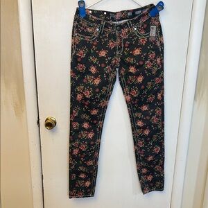 Black Floral Skinny Jeans - Size 28